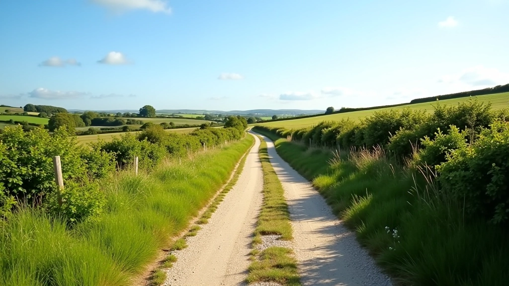 Outdoor walking path with natural scenery, clear sky, green vegetation along heritage trail route