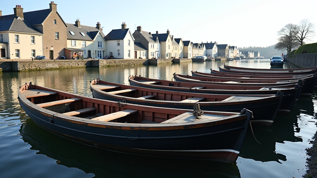 Scenic coastal quay with traditional fishing boats moored peacefully